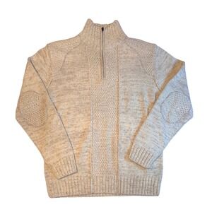 AMONGST OTHERS Mens XL Sweater Pullover Quarter Zip Elbow Patches Knit Beige‎